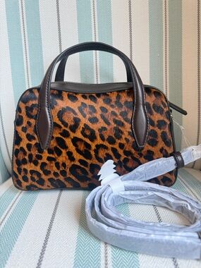 Leopard Calf Hair leather Women's Satchel Handbag - Brown/Black